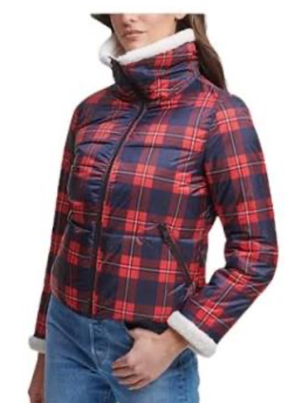 LEVI’S Red Plaid PUFFER Sherpa Collar Quilted JACKET - size M